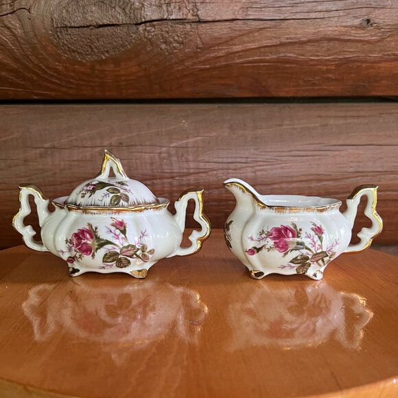 Vintage Original Napco China Hand Painted Rose Sugar Bowl w/Lid & Creamer Set - Picture 1 of 8